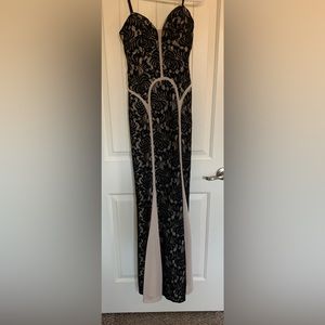 Black strapless lace prom dress